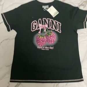 Ganni Raspberry Bow Have A Nice Day Graphic Tee Black Designer T-shirt size Smal